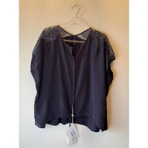 NWT Rito Contrast Lace Oversized Button-Up Blouse Midnight Blue Women's Size M